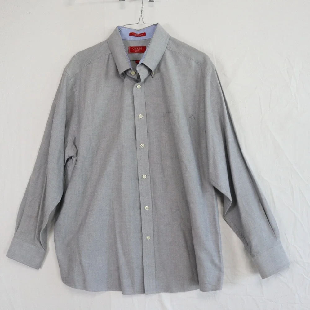 Chaps Shirt Mens XL 17.5 32/33 Slim Fit Wrinkle Free Button Up Gray Long Sleeve